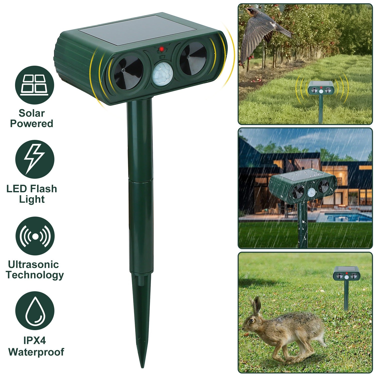 1Pc Ultrasonic Animal Repeller Solar Powered Motion Sensor Repellent IPX4 Waterproof Outdoor For Summer Spring Farm Garden Yard Repelling Deer Raccoon Cat Dog Rabbit Squirrel Bird