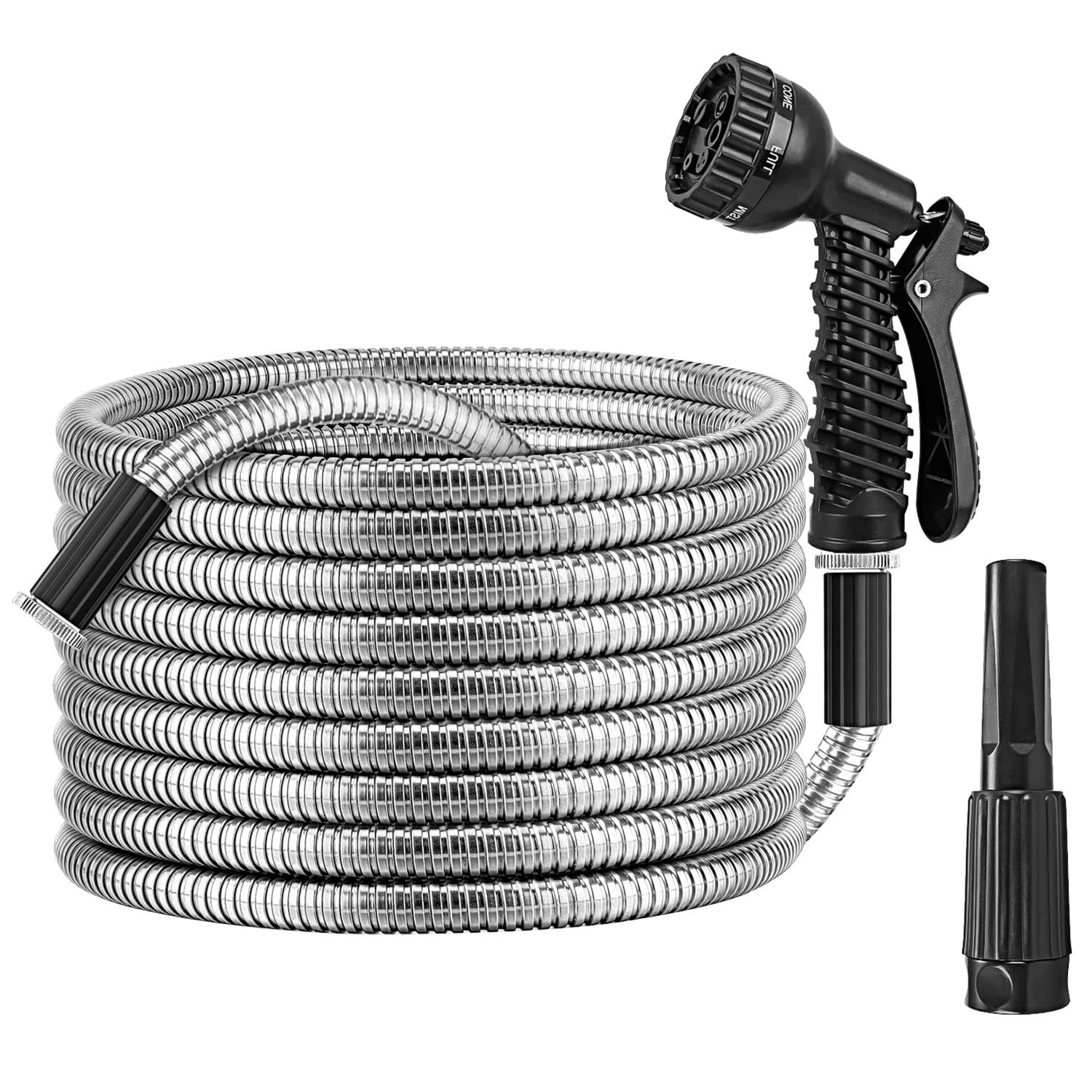 25FT-50FT-100FT Options -- 1Pc Heavy Duty Stainless Steel Garden Hose Garden Watering Kit Metal Water Hose With 2 Nozzles 12 Patterns Flexible Extendable Kink Tangle Puncture Resistant Dog Proof
