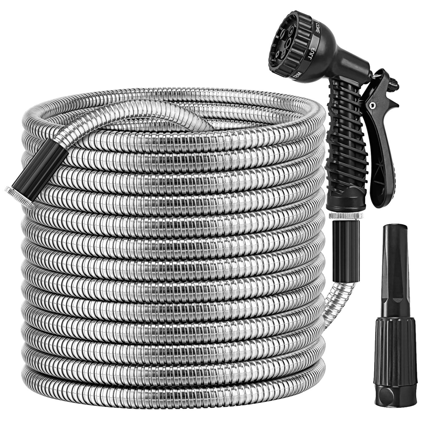 25FT-50FT-100FT Options -- 1Pc Heavy Duty Stainless Steel Garden Hose Garden Watering Kit Metal Water Hose With 2 Nozzles 12 Patterns Flexible Extendable Kink Tangle Puncture Resistant Dog Proof