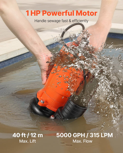 1 HP Submersible Trash Pump, 5000 GPH, 120V Cast Iron Submersible Sump Sewage Pump With 3 In Discharge, 40 Ft Max Lift, Drain Dirty Clean Water, For Pools, Garden, Pond, Basement, Flooded Areas