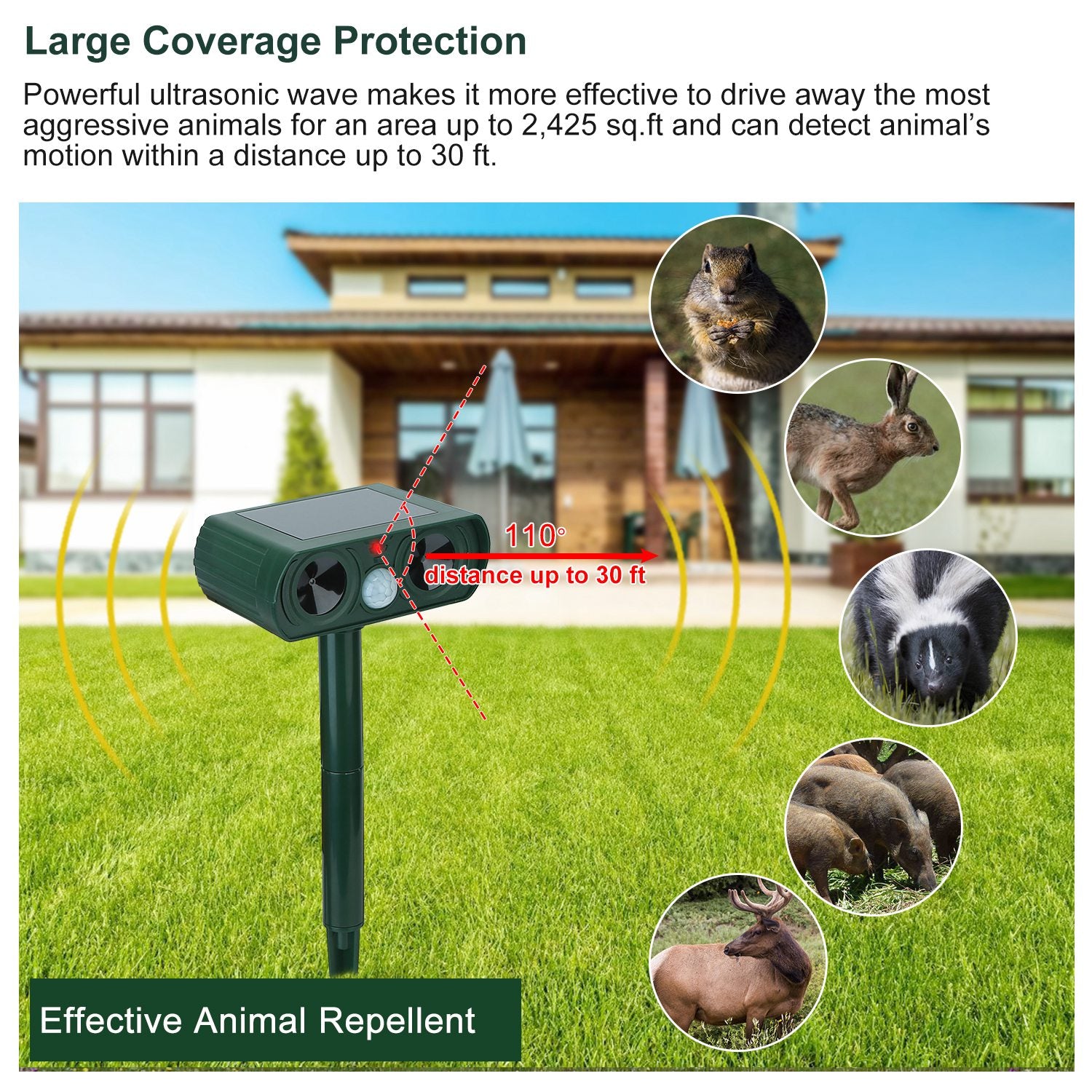 1Pc Ultrasonic Animal Repeller Solar Powered Motion Sensor Repellent IPX4 Waterproof Outdoor For Summer Spring Farm Garden Yard Repelling Deer Raccoon Cat Dog Rabbit Squirrel Bird
