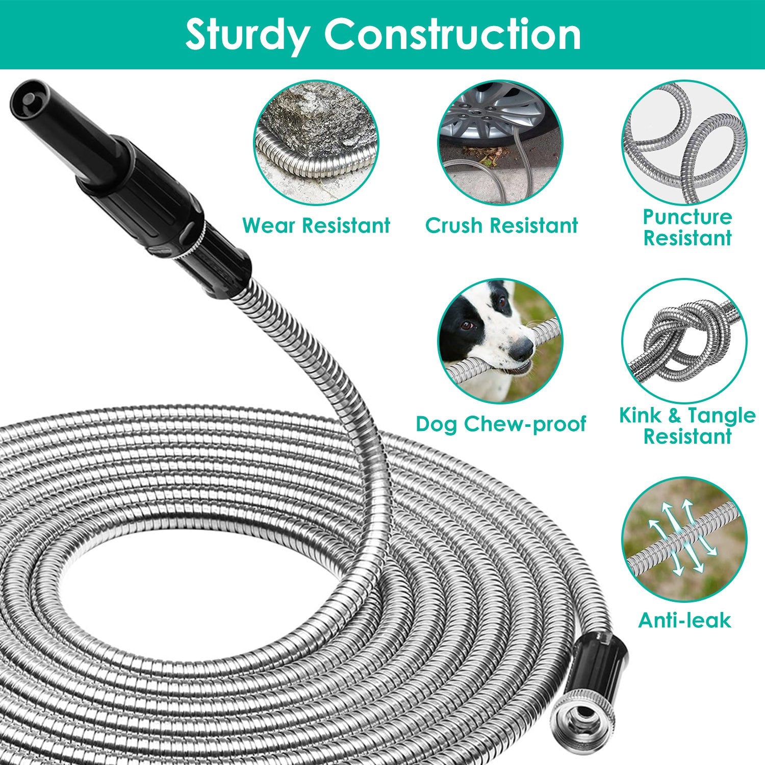 25FT-50FT-100FT Options -- 1Pc Heavy Duty Stainless Steel Garden Hose Garden Watering Kit Metal Water Hose With 2 Nozzles 12 Patterns Flexible Extendable Kink Tangle Puncture Resistant Dog Proof