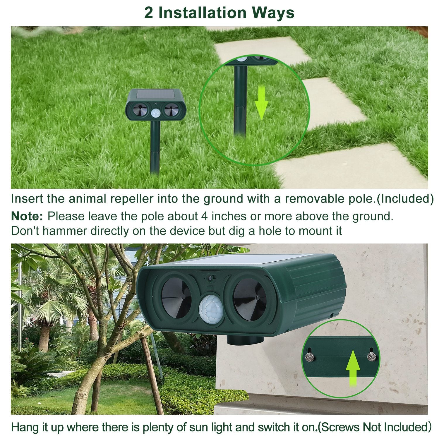 1Pc Ultrasonic Animal Repeller Solar Powered Motion Sensor Repellent IPX4 Waterproof Outdoor For Summer Spring Farm Garden Yard Repelling Deer Raccoon Cat Dog Rabbit Squirrel Bird