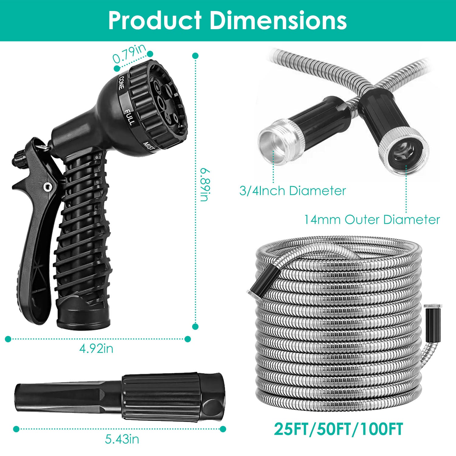 25FT-50FT-100FT Options -- 1Pc Heavy Duty Stainless Steel Garden Hose Garden Watering Kit Metal Water Hose With 2 Nozzles 12 Patterns Flexible Extendable Kink Tangle Puncture Resistant Dog Proof